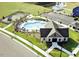 Aerial view of community pool, clubhouse, parking, and playground with picnic area at 1300 White Verona Way, Knightdale, NC 27545