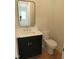 Stylish powder room features a modern vanity with a rectangular mirror and a toilet at 1444 Old Apex Rd, Cary, NC 27513