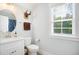 Bathroom featuring white vanity, toilet, sink, and a deer mount above the toilet at 165 Alpine Rd, Moncure, NC 27559