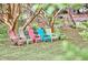 Inviting backyard with colorful Adirondack chairs arranged for relaxing under trees at 4 The Gln, Chapel Hill, NC 27514