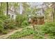 Charming backyard featuring a stone pathway, flowerbeds, and a wooden porch at 4 The Gln, Chapel Hill, NC 27514