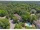 Stunning aerial view of the apartment complex, pool, parking, and surrounding lush greenery at 6120 Sunpointe Dr # 102, Raleigh, NC 27606