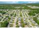 An aerial shot showcases a neighborhood with similar homes, mature trees, and a mix of green spaces and residential streets at 7109 Spanglers Spring Way, Raleigh, NC 27610