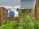 Aerial view of a lush backyard oasis featuring a patio, blue umbrella, garden beds, and mature trees at 1408 Fairmont St, Durham, NC 27713