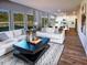 Open concept living room with white sofas, large windows, and seamless access to the kitchen and dining area at 2230 Cherry Creek Rd, Haw River, NC 27258