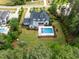 Stunning aerial view of a home with a private pool, lush landscaping, and outdoor play area at 5125 Avalaire Oaks Dr, Raleigh, NC 27614