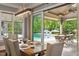 Dining room with view to covered patio and pool, featuring table with seating and modern chandelier at 5125 Avalaire Oaks Dr, Raleigh, NC 27614