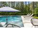 Inground pool with water feature, tanning ledges, lounge chairs, umbrella and lush landscaping create a backyard oasis at 5125 Avalaire Oaks Dr, Raleigh, NC 27614
