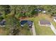 An aerial view shows the house and backyard; surrounded by many mature trees at 623 Lincoln Dr, Kenly, NC 27542