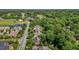 Scenic aerial view capturing a neighborhood with a pond, lush greenery, and homes nestled among mature trees at 708 Mill Pointe Way, Elon, NC 27244