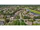 Panoramic aerial view of neighborhood homes, manicured lawns, and a serene pond with lush green spaces at 708 Mill Pointe Way, Elon, NC 27244