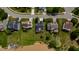 An aerial view of homes in a lakeside community, featuring manicured lawns and waterfront access at 1003 Southshore Pkwy, Durham, NC 27703