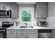 The kitchen features stainless appliances, gray cabinetry, and a large window overlooking greenery at 1402 Robinhood Rd, Durham, NC 27701