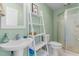 Cozy bathroom with step-in shower, pedestal sink, and built-in shelving for convenient storage at 2440 Glencoe St, Burlington, NC 27217