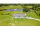 Aerial view of home with pond and surrounding lush greenery creates a serene and private setting at 2912 Epps Clark Rd, Siler City, NC 27344