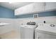 Laundry room featuring white appliances, cabinets, beadboard paneling, and blue accent wall at 368 Bayleigh Ct, Garner, NC 27529