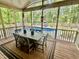 Charming screened porch with an outdoor dining table, offering a view of the backyard pool at 4405 Brighton Ridge Dr, Apex, NC 27539