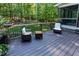 Spacious wood back deck features outdoor seating area and overlooks lush backyard at 5025 Martin Farm Rd, Raleigh, NC 27613