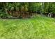 Large and manicured backyard with lush lawn space and perimeter trees at 5025 Martin Farm Rd, Raleigh, NC 27613