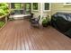 Wooden deck with dark railings, featuring comfortable seating and access to the screened in porch at 5025 Martin Farm Rd, Raleigh, NC 27613