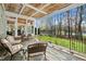 Spacious covered patio overlooking a lush backyard and waterfront at 7516 Orchard Crest Ct, Apex, NC 27539