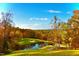 Scenic golf course view with a pond reflecting the blue sky and vibrant fall foliage in the background at 81008 Alexander, Chapel Hill, NC 27517