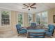Bright sunroom with tile floors, ceiling fan, and comfortable blue seating at 81008 Alexander, Chapel Hill, NC 27517
