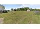 View of the property's spacious back yard featuring a shed and mature trees at 8163 Julian Rd, Dunn, NC 28334