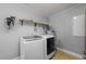 Bright laundry room features a modern washer and dryer and practical shelving for organized storage solutions at 8163 Julian Rd, Dunn, NC 28334