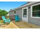 Outdoor back deck featuring turquoise seating and access to the home's interior at 109 N Valley Dr, Louisburg, NC 27549