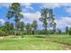 Expansive golf course with mature trees, a golf cart parked nearby and golfers in the background at 129 Trellingwood Dr, Morrisville, NC 27560