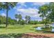 Scenic golf course view featuring lush green grass, a serene pond, and mature trees under a partly cloudy blue sky at 129 Trellingwood Dr, Morrisville, NC 27560
