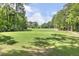 Scenic golf course view with lush green fairway, mature trees, and a clear blue sky at 129 Trellingwood Dr, Morrisville, NC 27560