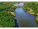 Panoramic aerial view of a long, winding lake embraced by dense, verdant forests at 1415 Clearwater Dr, Sanford, NC 27330
