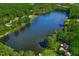 Expansive aerial view of a large lake surrounded by lush green forests and scattered homes at 1415 Clearwater Dr, Sanford, NC 27330