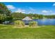 Picturesque gazebo on a lake, surrounded by lush greenery and a serene blue sky at 1415 Clearwater Dr, Sanford, NC 27330