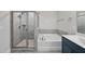 Bathroom showcasing a glass enclosed shower, a soaking tub, and a stylish vanity creating a spa-like retreat at 2407 Miriam Cir, Durham, NC 27704