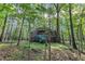 Geodesic dome home, nestled in a forest with a blue tarp-covered deck and trees at 3312 Hawk Ridge Rd, Chapel Hill, NC 27516
