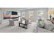 Living room with gray walls, hardwood floors, and many windows to the outside at 3700 Horton Hill Dr, New Hill, NC 27562