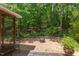 Backyard with a stone fire pit area, lush greenery, and mature trees for outdoor enjoyment at 401 Robert Hunt Dr, Carrboro, NC 27510