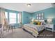 Comfortable bedroom with an artist's easel, bright blue walls, and decorative pillows at 420 Longleaf Glen Ln, Zebulon, NC 27597