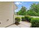Exterior side view of the home with lush greenery and a glimpse of the neighborhood street at 9805 Precious Stone Dr, Wake Forest, NC 27587