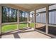 Relaxing screened porch featuring multiple windows, a concrete floor, and views of the lush green lawn and trees at 1009 Middleground Cir, Durham, NC 27713