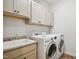 Convenient laundry room with modern washer and dryer, sink, and ample cabinet space at 1212 Sand Pine Dr, Cary, NC 27519