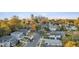 Aerial view of neighborhood with buildings and mature trees, city skyline in the distance at 1238 Coach Station Aly # 101, Raleigh, NC 27601