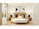 Serene bedroom featuring a light wood bed frame, minimalist decor, and ample natural light from large windows at 1538 Crescent Townes Way, Raleigh, NC 27604