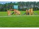Community playground featuring wooden playsets with slides and climbing structures, set on a lush green lawn at 1601 Goldfinch Perch Ln, Knightdale, NC 27545