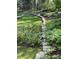 Backyard stone walkway through lush foliage and plants, and well manicured lawn at 27425 Walker, Chapel Hill, NC 27517