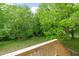 Outdoor view of a green backyard with lush trees and a wooden deck at 34 Johnston St, Pittsboro, NC 27312
