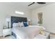 Well-lit bedroom with a plush bed, coordinated pillows, and an ensuite bathroom with glass shower at 4921 Sweetbriar Dr, Raleigh, NC 27609